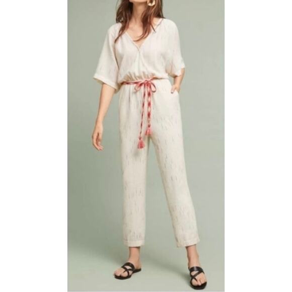 Anthro Feather Bone Womens Soleil Wrap Front Stripe Jumpsuit Sz S Metallic Ivory - Picture 2 of 10